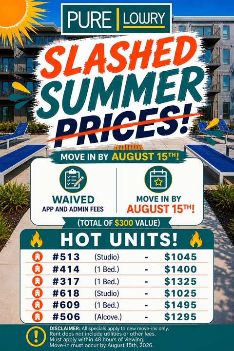 A poster advertises slashed summer prices for a move-in date of August 15th.