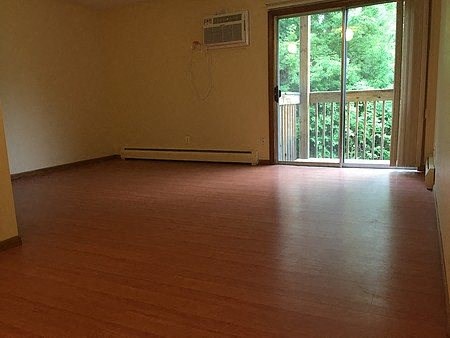 an empty living room with a wood floor and a balcony