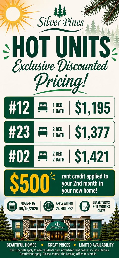 A promotional image for Silver Pines advertising discounted pricing on hot units.