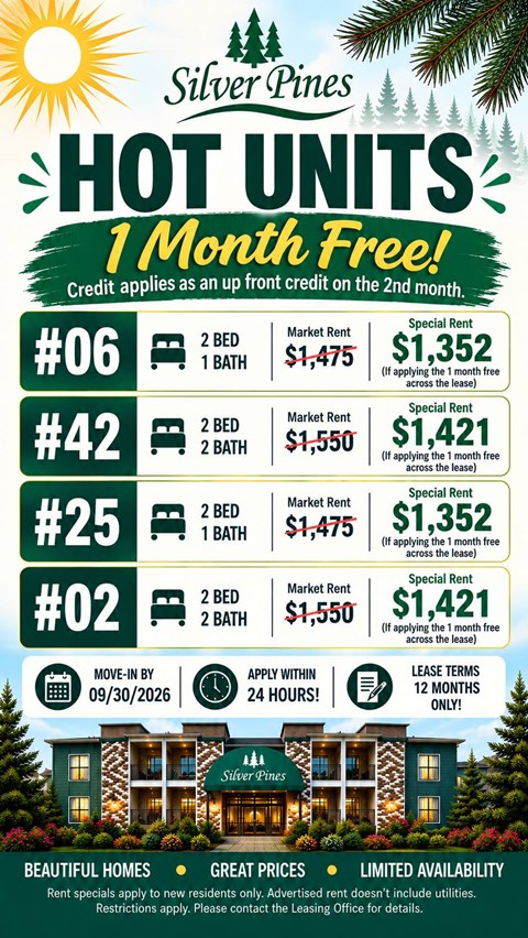 An advertisement for Silver Pines HOT UNITS offering 1 month free credit on the 2nd month.