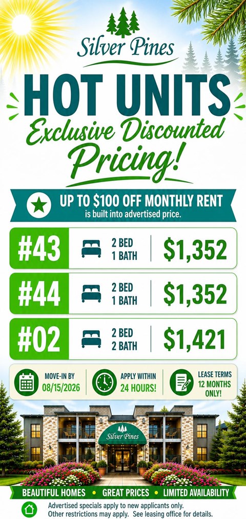 A promotional image for Silver Pines advertises exclusive discounted pricing on hot units, with up to $100 off the monthly rent.