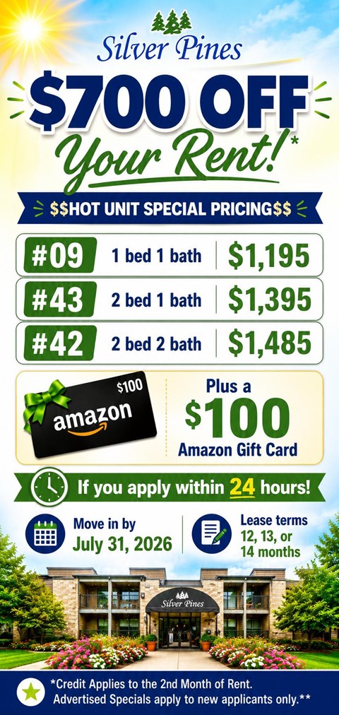 A promotional image for Silver Pines offers $700 off your rent with special pricing for different unit types.