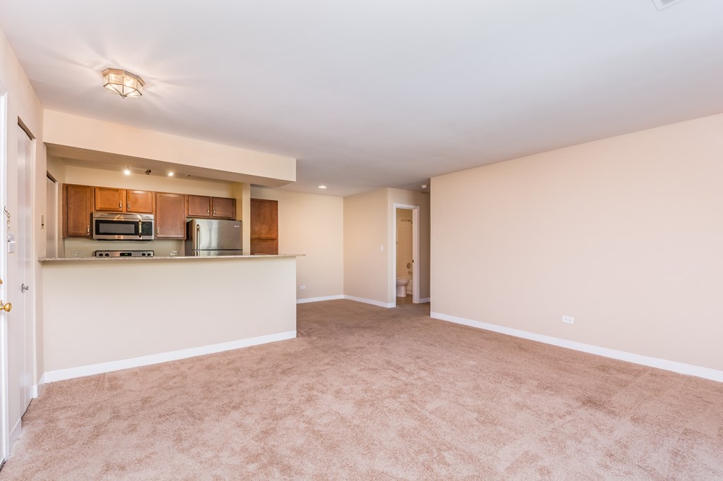 a spacious living room with a kitchen and a carpeted floor