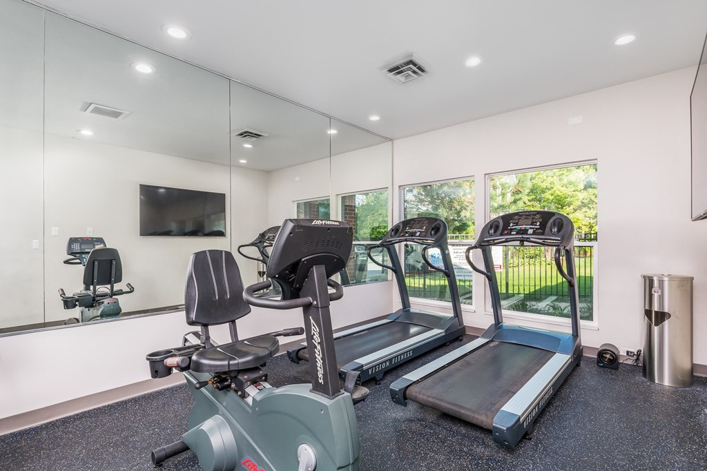 the gym has plenty of exercise equipment and a tv