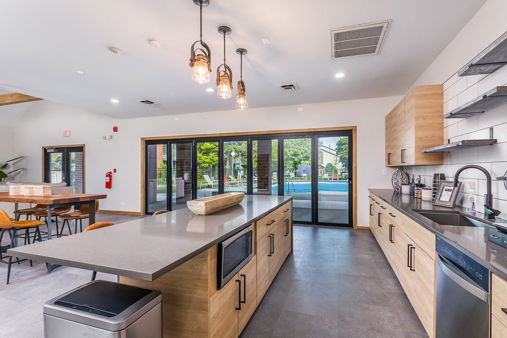 the kitchen has a large island and stainless steel appliances and a view of the pool