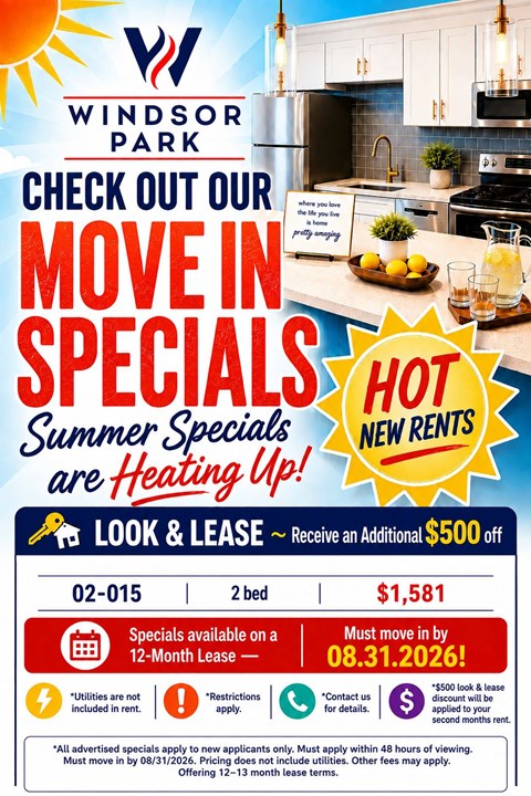 A poster advertises a promotion for Windsor Park, offering a $500 discount on a 12-month lease for a 2 bedroom apartment starting at $1,581.