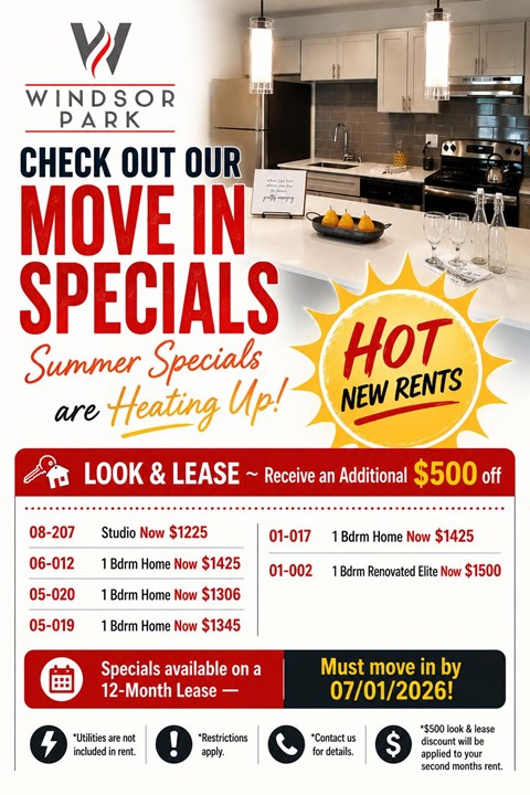 A flyer for Windsor Park advertising their move in specials for new renters.