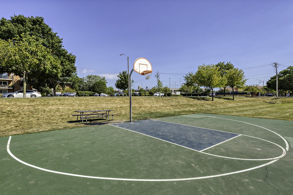 a basketball court in a park on a clear day