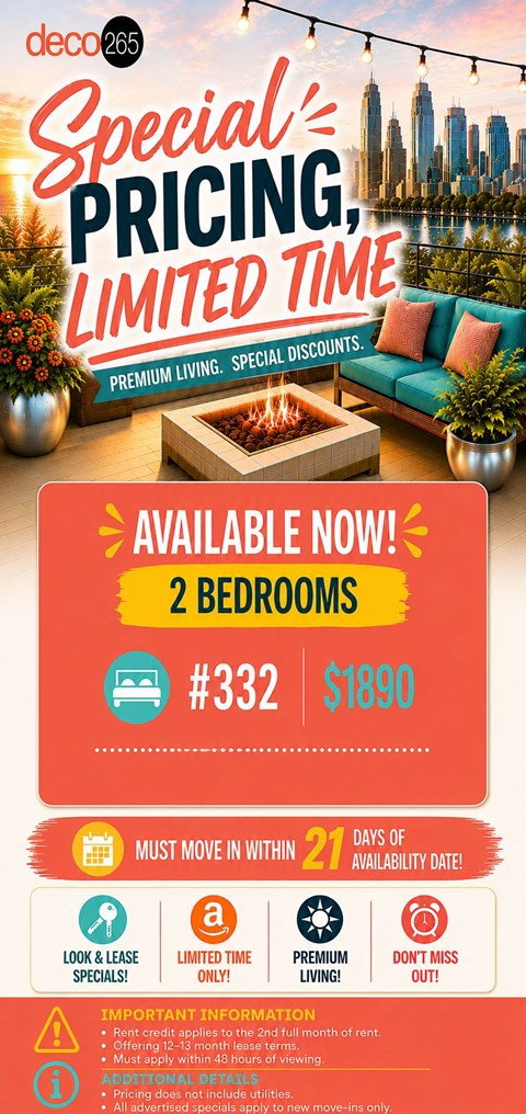 A promotional image for a special pricing, limited time offer on a 2 bedroom apartment.