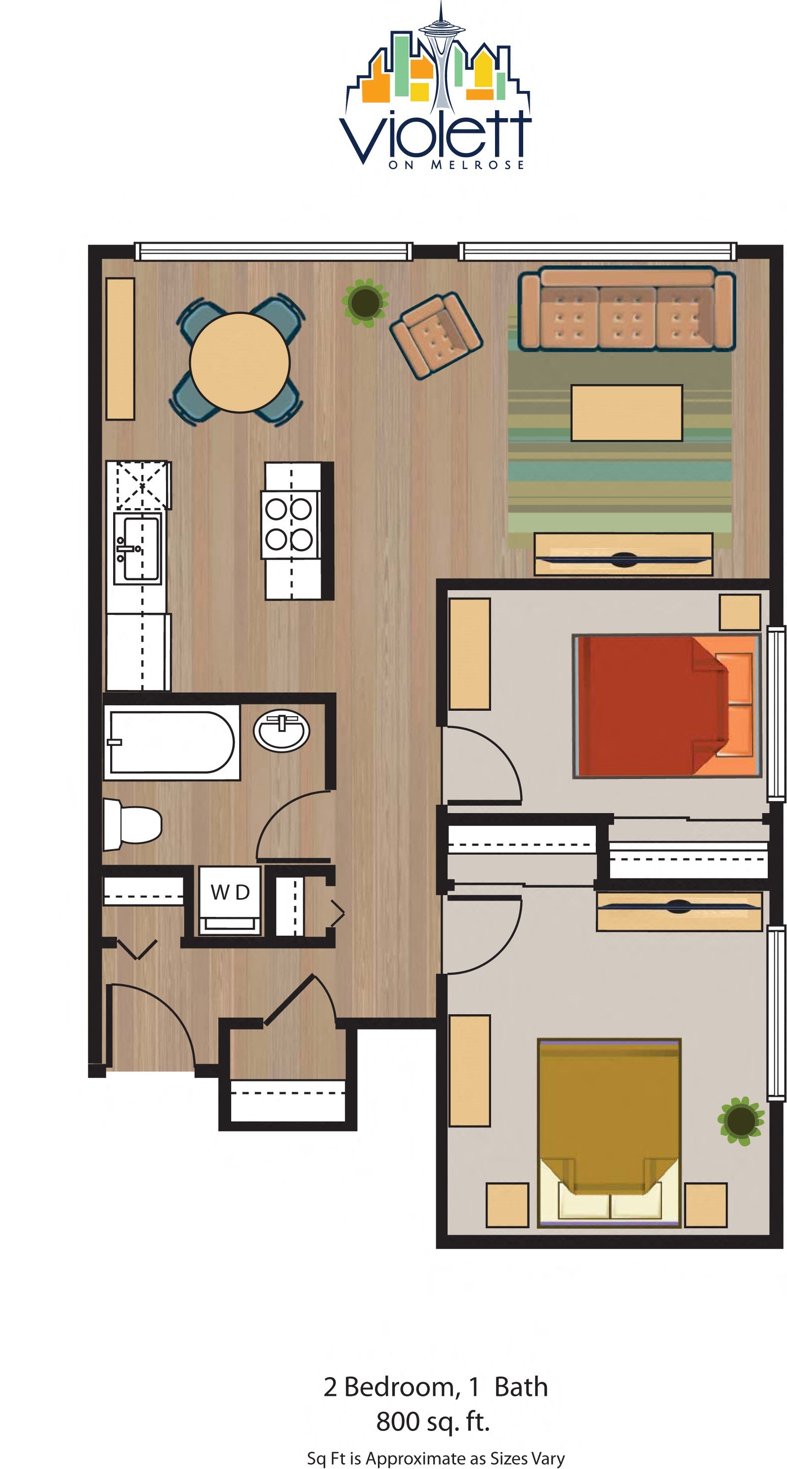 a floor plan of 2 bedroom, 1 bath