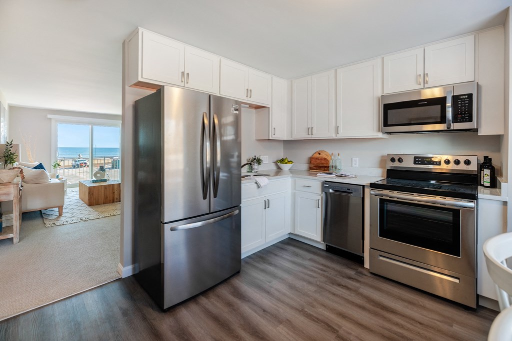 Modern Kitchen With Stainless Steel Appliances And Double Door Refrigerators at 151 Ocean Road LLC, Narragansett, Rhode