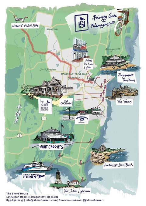 Map of the area with some of the attractions at 151 Ocean Road LLC, Narragansett, 02882