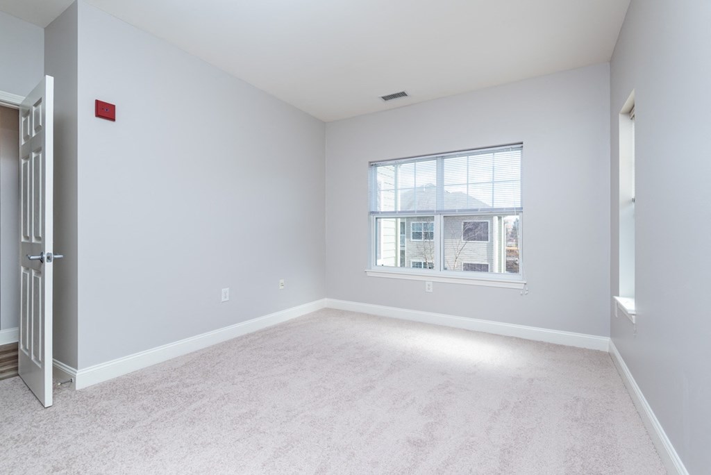 Drum hill one bedroom apartment bedroom with plush carpeting and large windows