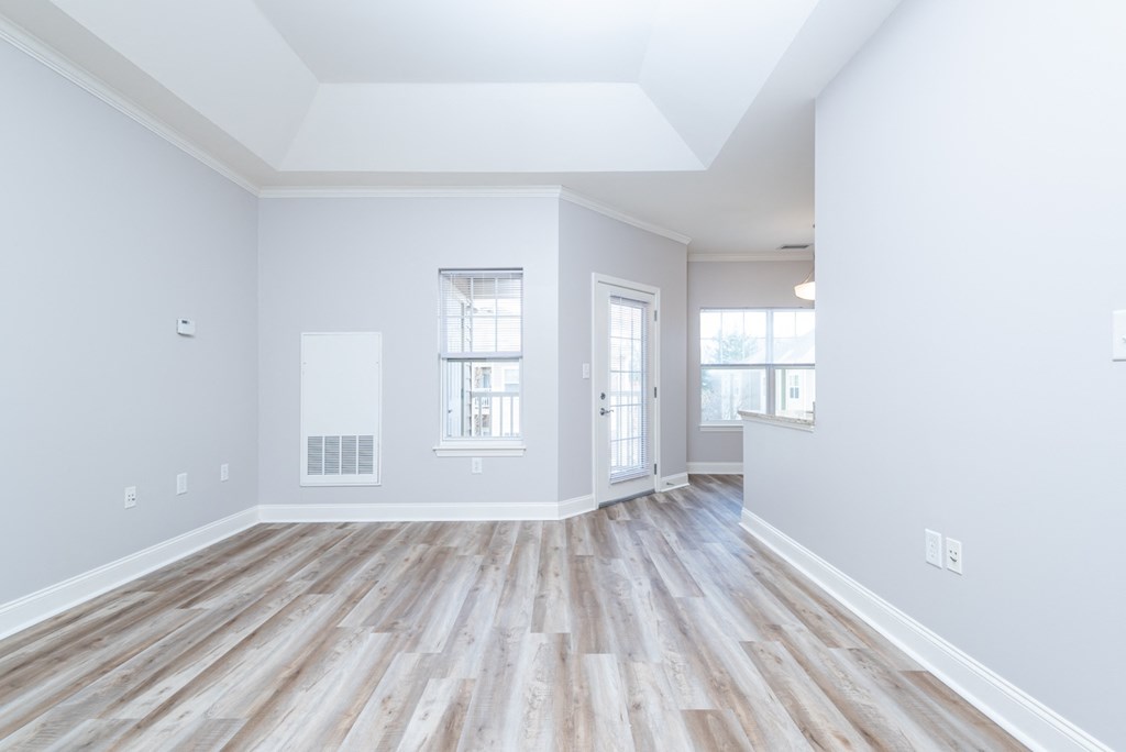 Drum hill one bedroom apartment family room, dining space