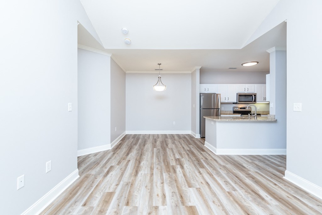 Drum Hill 2 Bedroom Apartment Kitchen with laminate flooring and high ceilings.