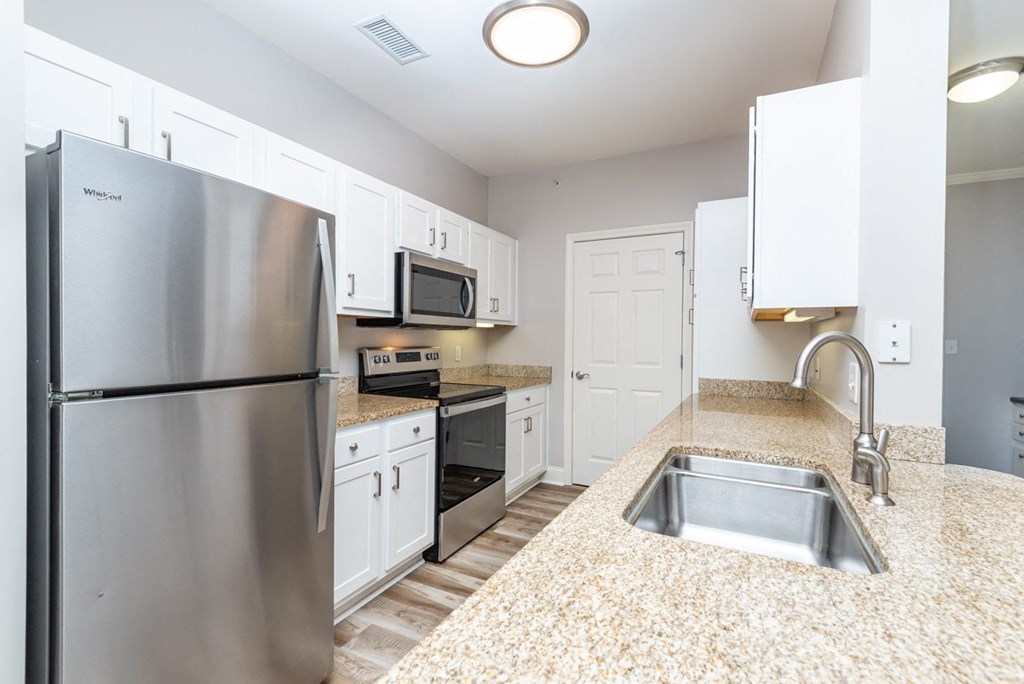 Drum Hill 2 Bedroom Apartment Kitchen with stainless steel fridge and appliances, granite counters and high quality finishes