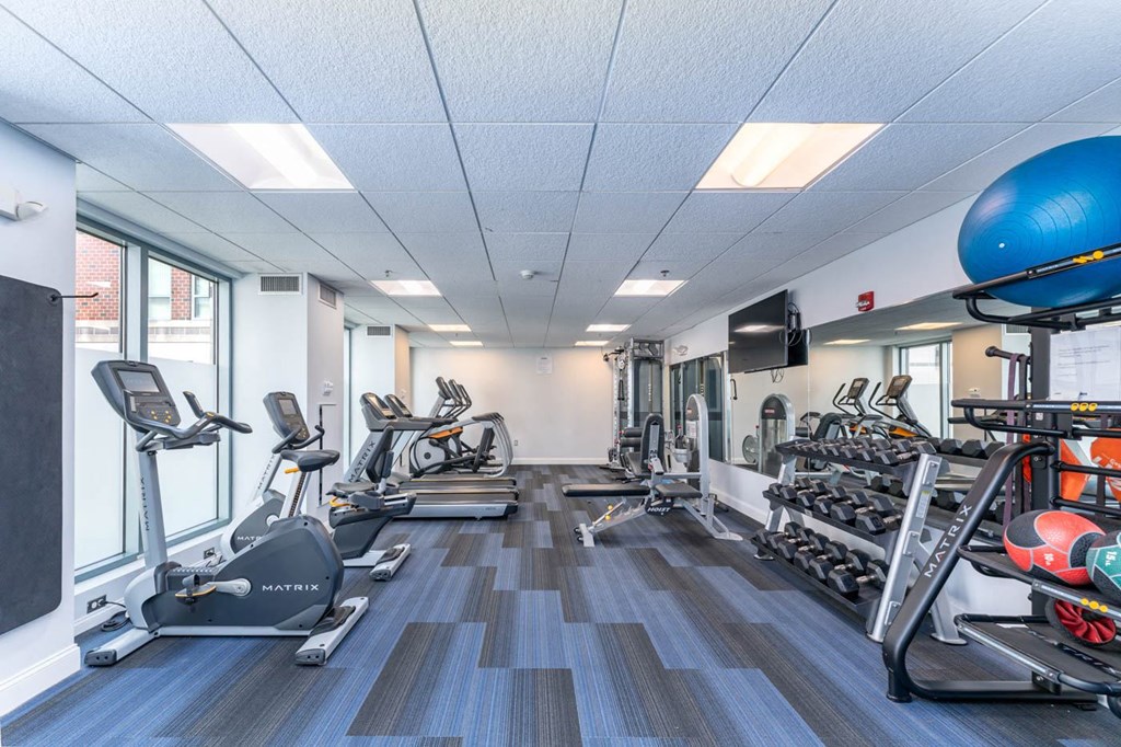 50 WB's gym with cardio equipment and weights in a building with windows