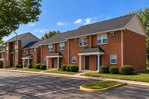A row of red brick houses with green lawns in front.