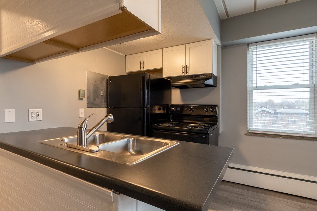 a kitchen with a sink and a stove and a refrigerator