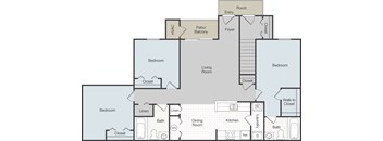 A floor plan of a house with a porch, two bedrooms, a living room, a dining room, a kitchen, and a foyer.