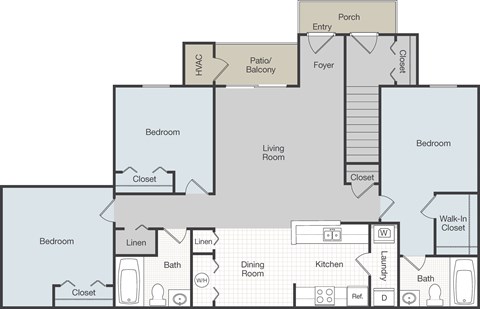 A floor plan of a house with a porch, two bedrooms, a living room, a dining room, a kitchen, and a foyer.