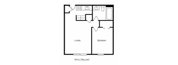 A black and white image of a floor plan for a living room, bedroom, and patio/balcony.