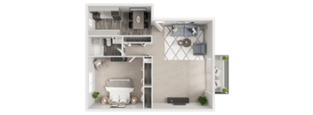 A top-down view of a small apartment layout with a bedroom, living room, and kitchen.