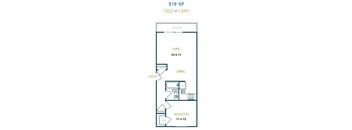 A floor plan for a 519 SF apartment with one bed and one bath.