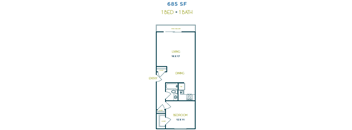 A floor plan for a 1 bedroom, 1 bathroom apartment at 685 SF.