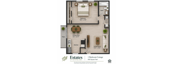 A floor plan of a one bedroom cottage at Crystal Bay showing a bedroom, living room, dining area, kitchen, bath, and patio.