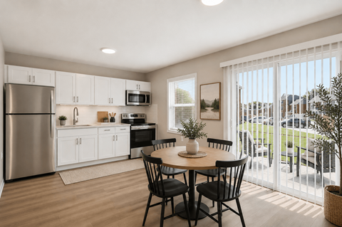 A modern kitchen with a dining table set for two.
