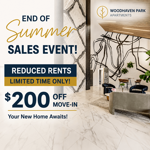 A promotional image for Woodhaven Park Apartments advertising a $200 move-in bonus.