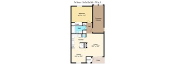 A floor plan of a 704 square foot home with one bedroom, one bath, and a living area.
