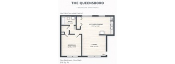 A floor plan of a one bedroom apartment with one bath and living room.