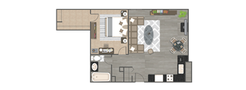 A floor plan of a small apartment with a kitchen, living room, and bathroom.