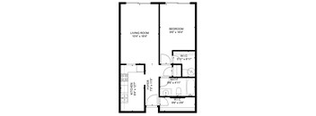 A floor plan of a small apartment with a living room, bedroom, kitchen, and bathroom.