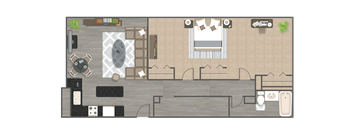 A floor plan of a house with a kitchen, living room, and bathroom.