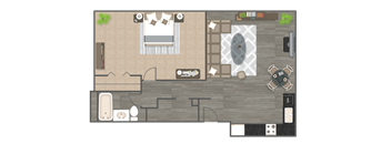 A top-down view of a living room with a couch, coffee table, and television.