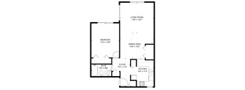 A black and white image of a floor plan for a small apartment.