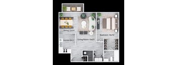 A floor plan of a small apartment with a kitchen, living room, and bedroom.