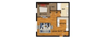 A floor plan of a small apartment with a bedroom, bathroom, laundry, and kitchen.