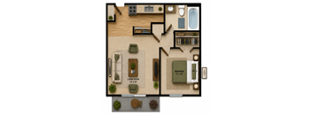 A floor plan of a house with a living room, bedroom, and bathroom.