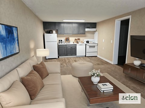 A modern living room with a couch, coffee table, and a kitchen in the background.
