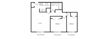 A black and white image of a floor plan for a house with three bedrooms and three patio/balconies.