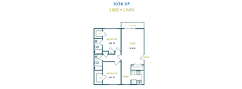 A floor plan of a 1038 square foot apartment with two bedrooms and two bathrooms.