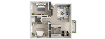 A 3D floor plan of a small apartment with a bedroom, living room, and kitchen.