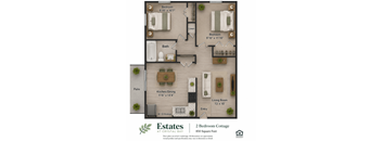 A floor plan of a 2 bedroom cottage at Crystal Bay showing the layout of the rooms.