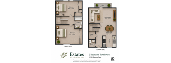 A floor plan for a 2 bedroom townhouse at Estates at Crystal Bay.