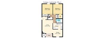 A floor plan of a two bedroom, two bath apartment.