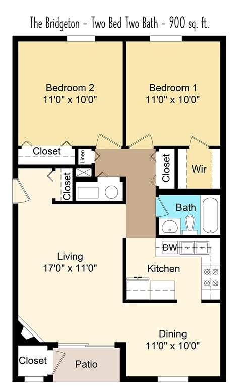 A floor plan of a two bedroom, two bath apartment.